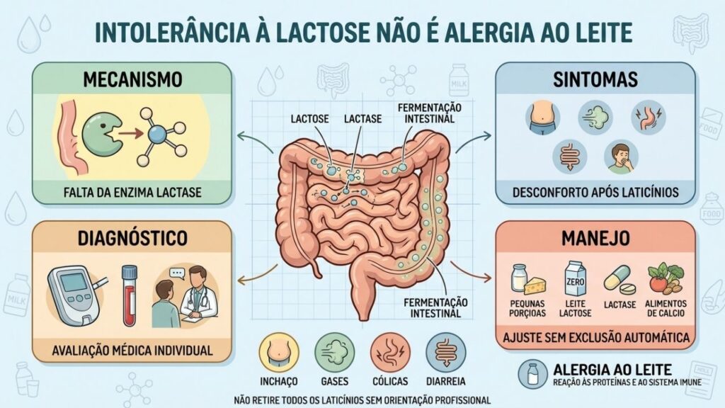 Mecanismo, sintomas, diagnóstico e manejo diferenciam intolerância à lactose de alergia.