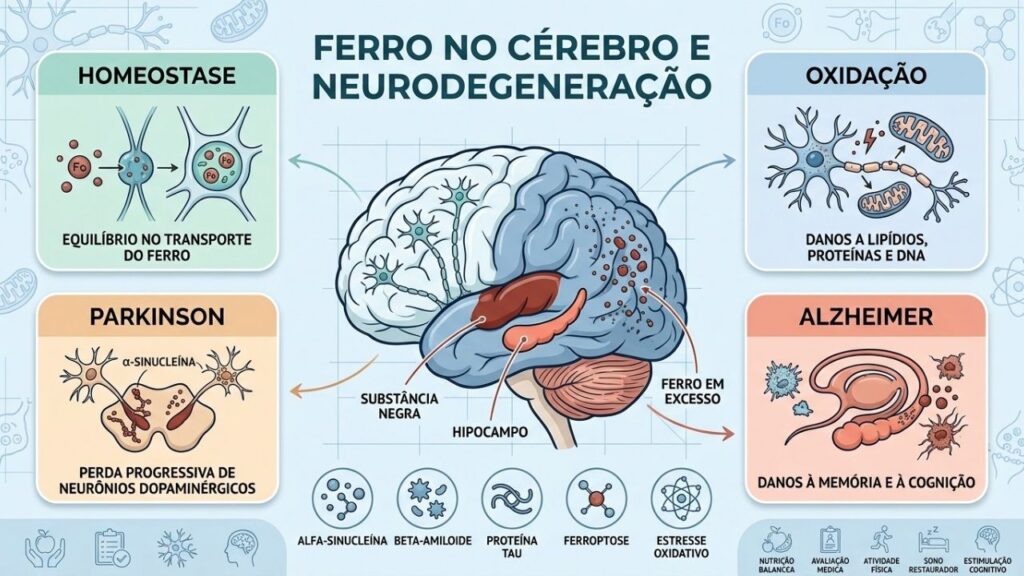 Homeostase, oxidação, Parkinson e Alzheimer explicam os efeitos cerebrais do ferro.