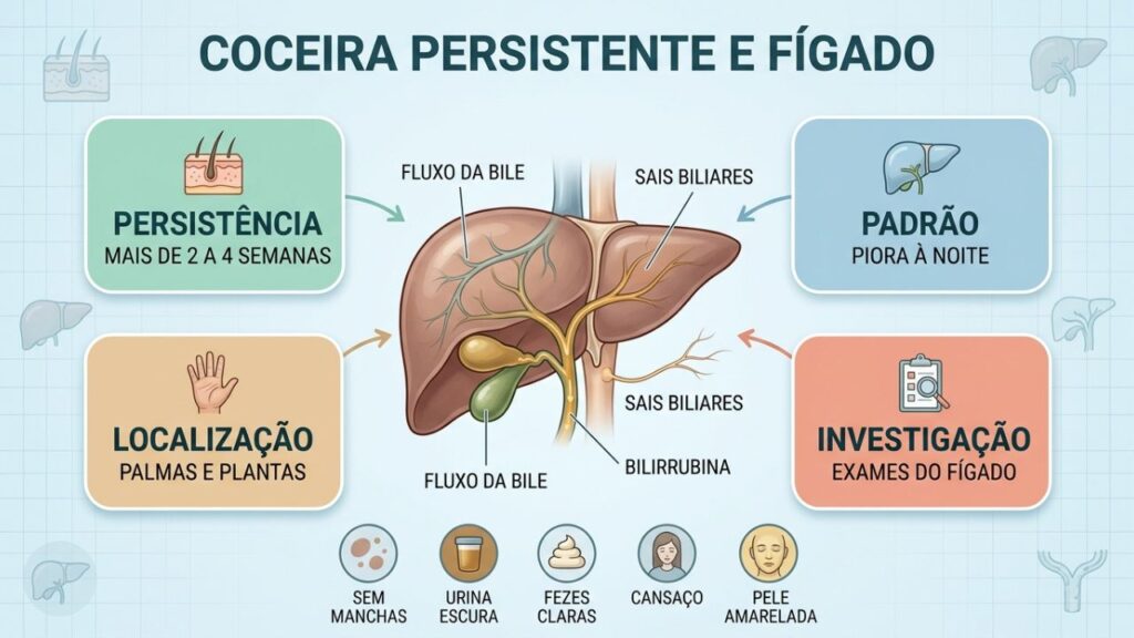 Padrão da coceira, sinais associados e exames orientam a investigação hepática.
