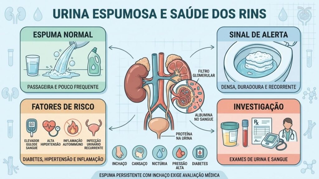 Padrão da espuma, riscos e exames orientam a investigação da proteinúria.