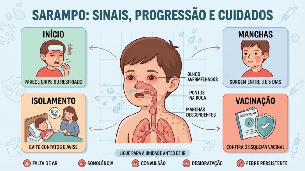 Sintomas iniciais, manchas, isolamento e vacinação orientam a suspeita de sarampo.
