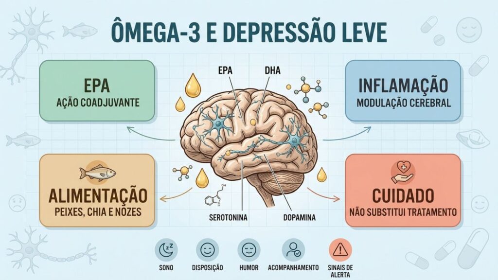 EPA, alimentação e acompanhamento profissional formam o apoio ao humor.
