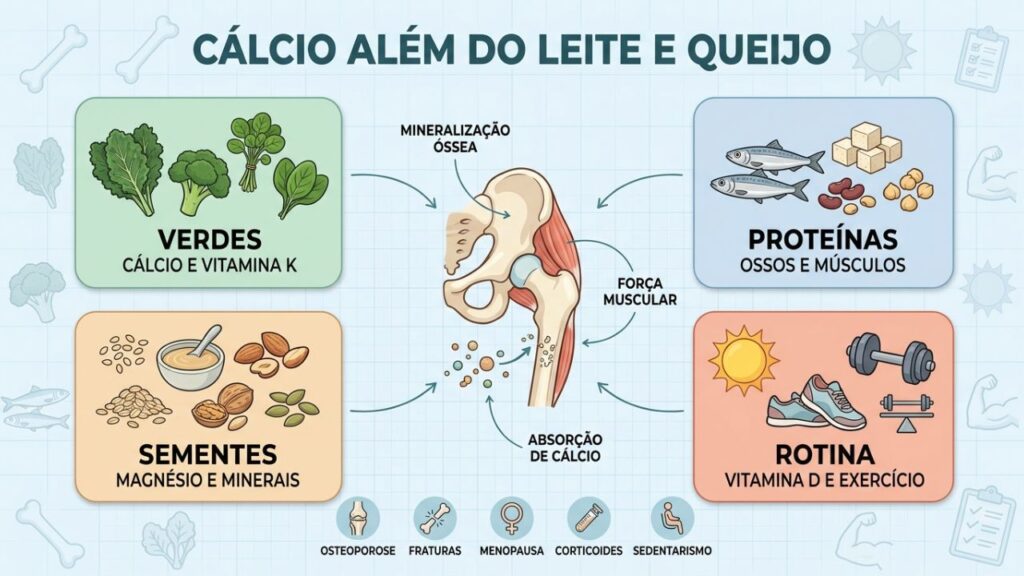 Fontes variadas de cálcio fortalecem ossos junto com nutrientes essenciais.