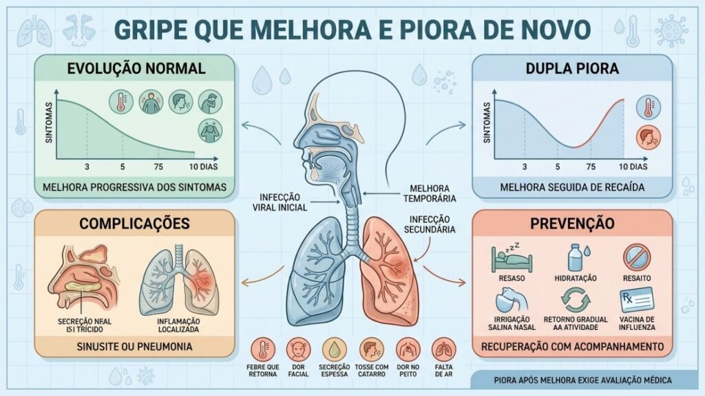 A curva dos sintomas ajuda a identificar dupla piora e complicações bacterianas.