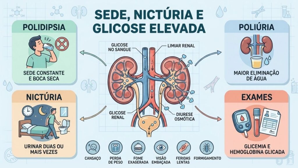 Polidipsia, poliúria, nictúria e exames ajudam a identificar glicose descontrolada.