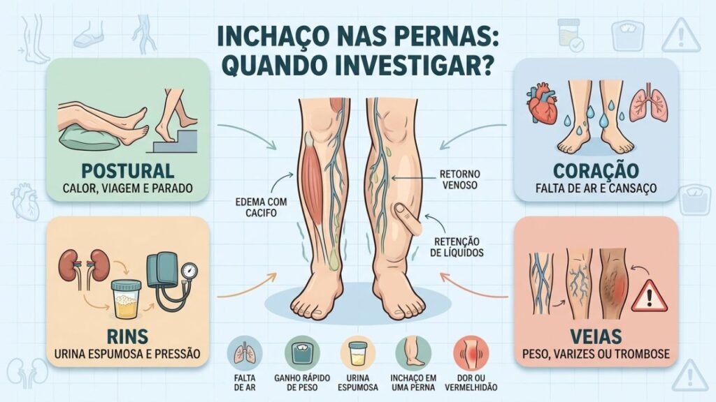 Sinais ajudam a diferenciar edema postural, cardíaco, renal e venoso.