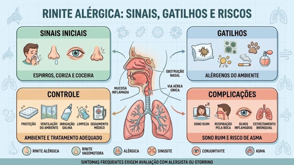 Sinais, gatilhos, controle ambiental e complicações orientam o manejo da rinite.