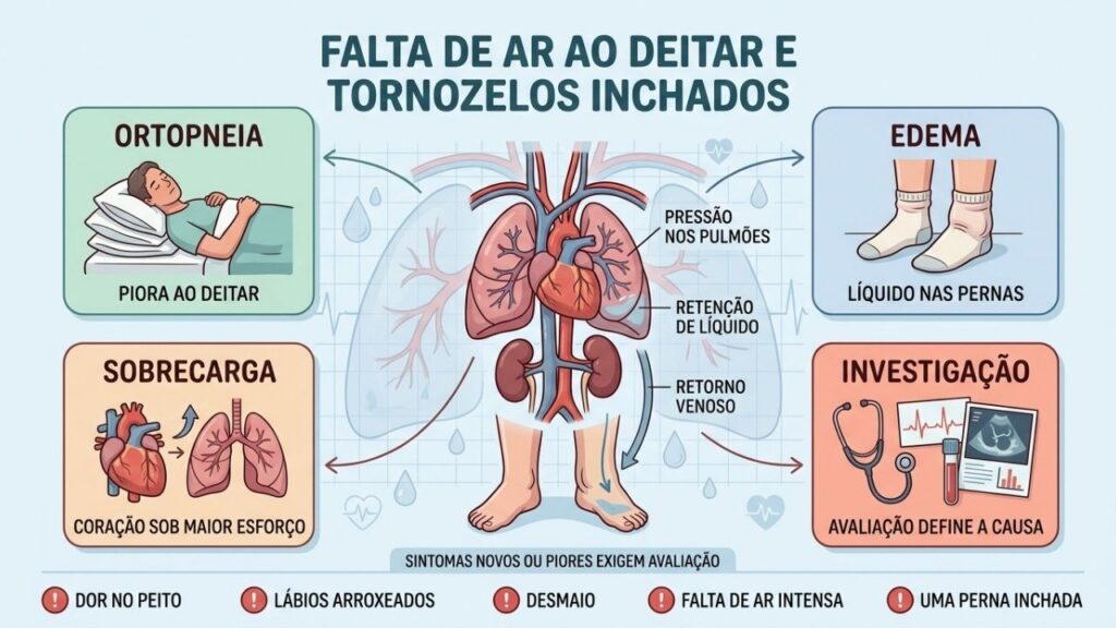 Ortopneia, edema, sobrecarga circulatória e sinais de urgência orientam a investigação.
