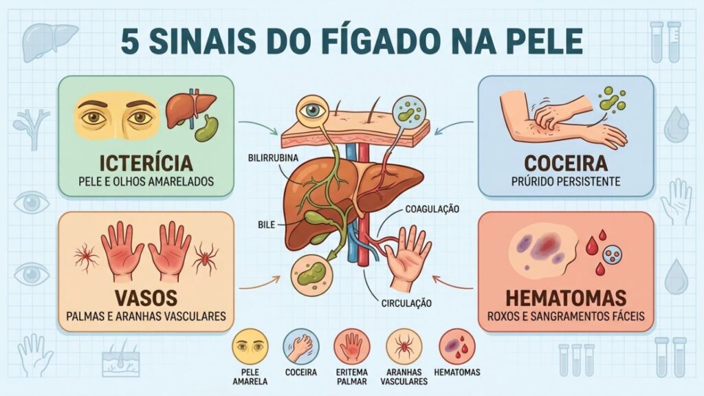 Cinco alterações na pele que podem sugerir problemas no fígado.