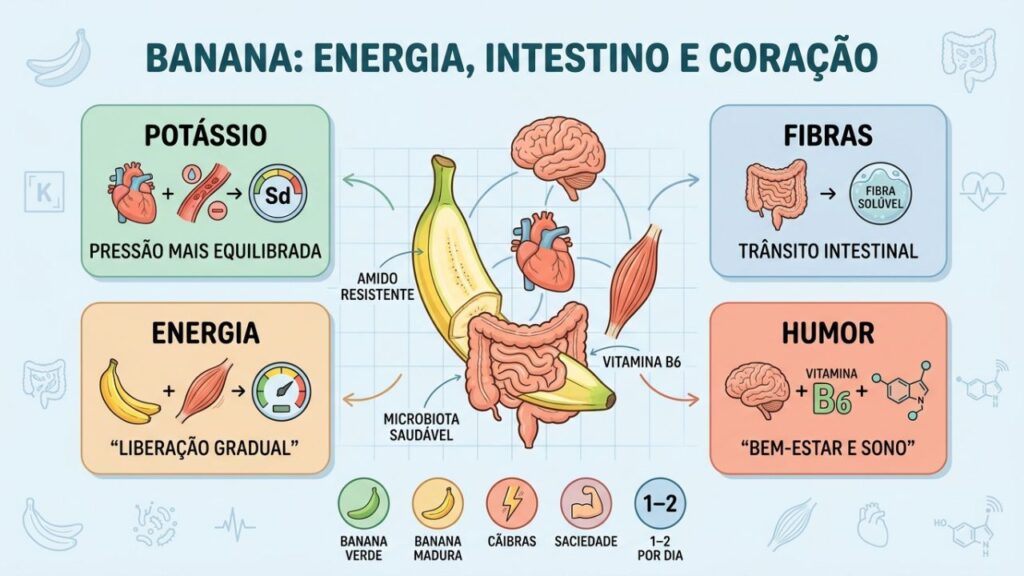 Potássio, fibras, energia e humor resumem os benefícios da banana.