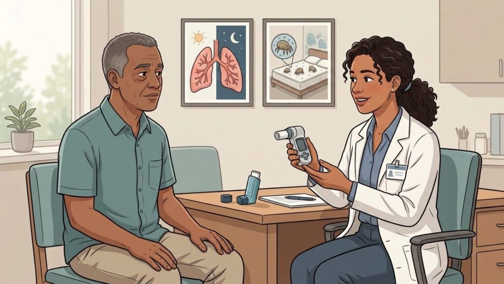 Espirometria e avaliação médica ajudam a confirmar sintomas respiratórios recorrentes à noite.
