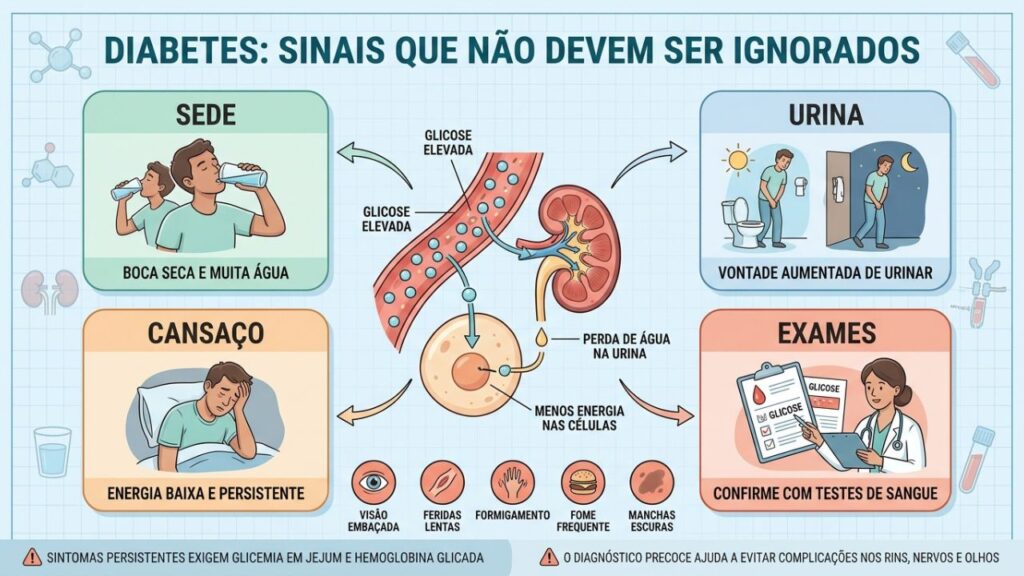 Sede, urina frequente, cansaço e exames ajudam a reconhecer o diabetes.