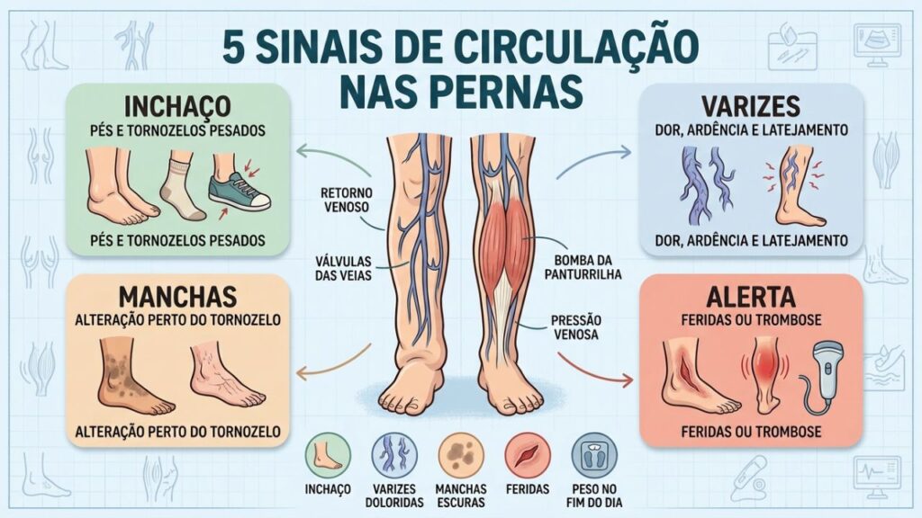 Cinco sinais visíveis ajudam a reconhecer problemas circulatórios nas pernas.