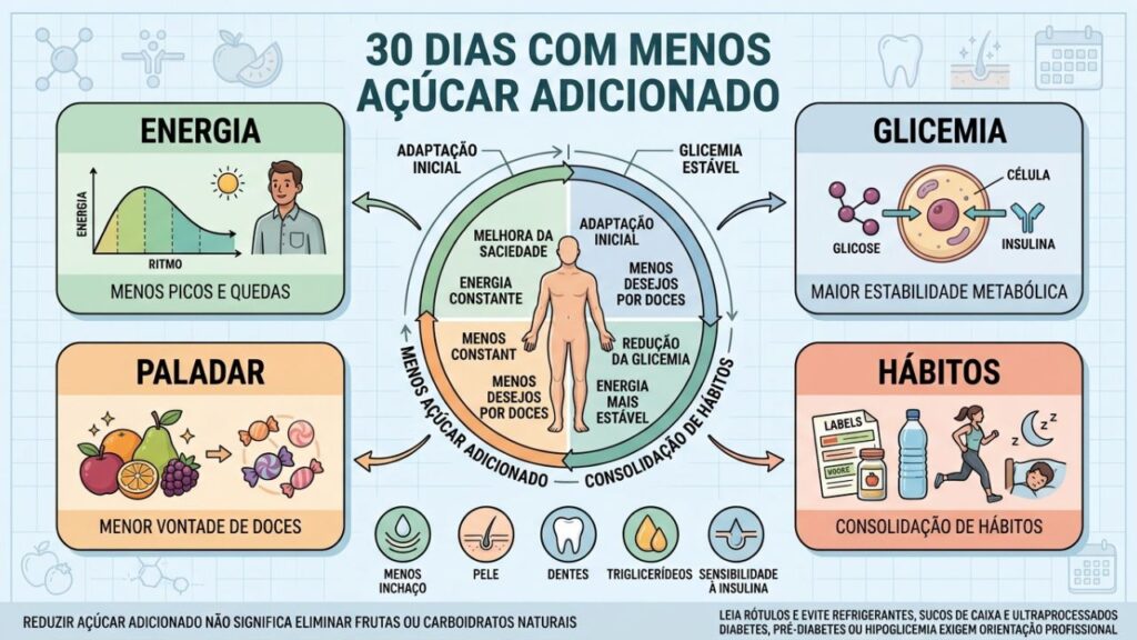 Energia, glicemia, paladar e hábitos evoluem durante a redução do açúcar.