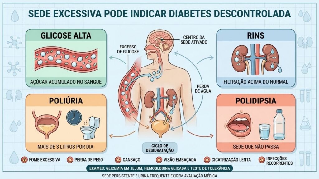 Glicose alta, ação renal, poliúria e polidipsia formam um ciclo de desidratação.