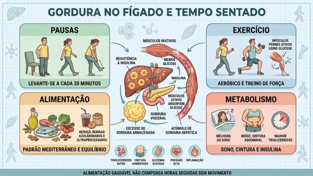 Pausas, exercícios, alimentação e sono reduzem o risco de esteatose hepática.