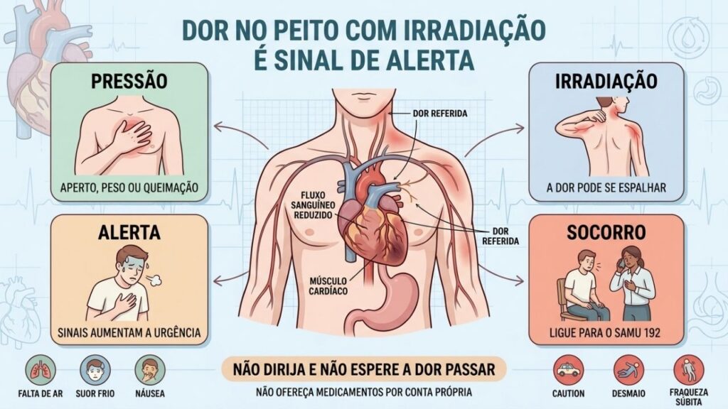 Pressão, irradiação e sinais associados orientam o acionamento rápido do SAMU.