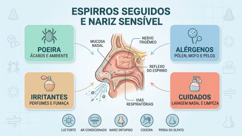 Espirros seguidos podem indicar hipersensibilidade da mucosa nasal.