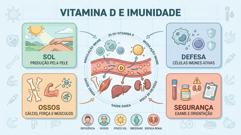 Quatro pilares explicam sol, imunidade, ossos e suplementação segura.