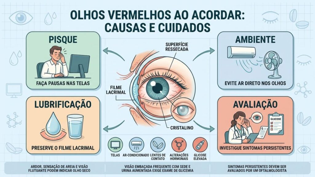 Telas, ambiente, lubrificação e glicemia orientam a investigação dos sintomas oculares.