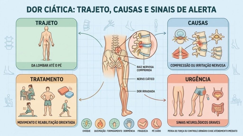 Trajeto, causas, tratamento e sinais graves explicam a compressão do ciático.