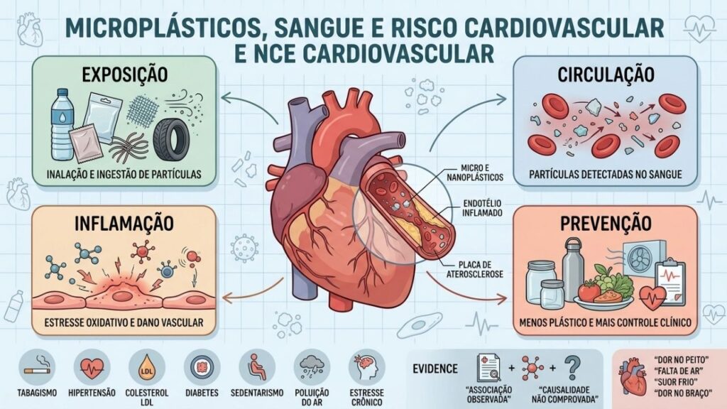 Exposição, circulação, inflamação e prevenção resumem a hipótese cardiovascular dos microplásticos.