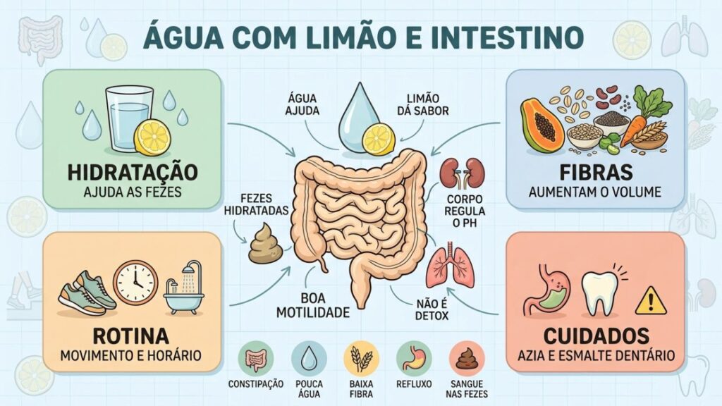 Quatro pilares explicam hidratação, fibras, rotina e cuidados com limão.