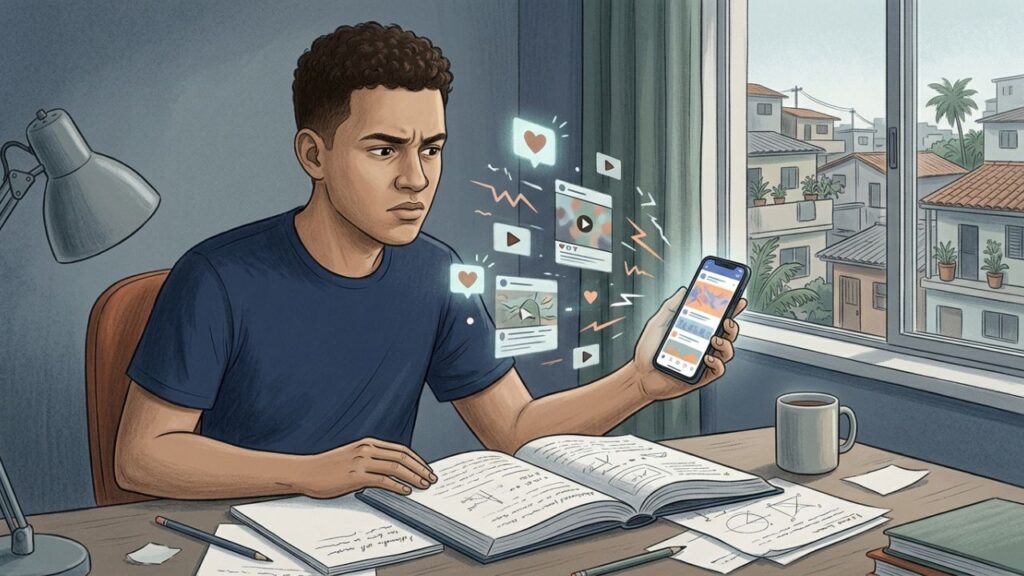 Estímulos digitais constantes reduzem a tolerância a estudos e tarefas prolongadas.