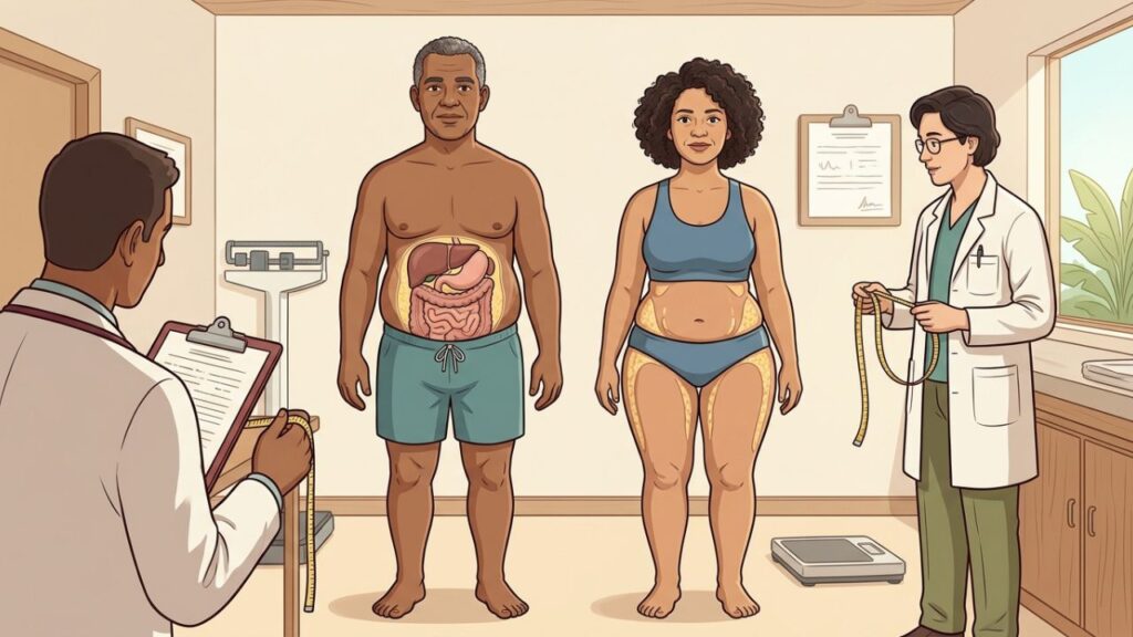 Cintura aumentada pode indicar gordura visceral e maior risco cardiometabólico.