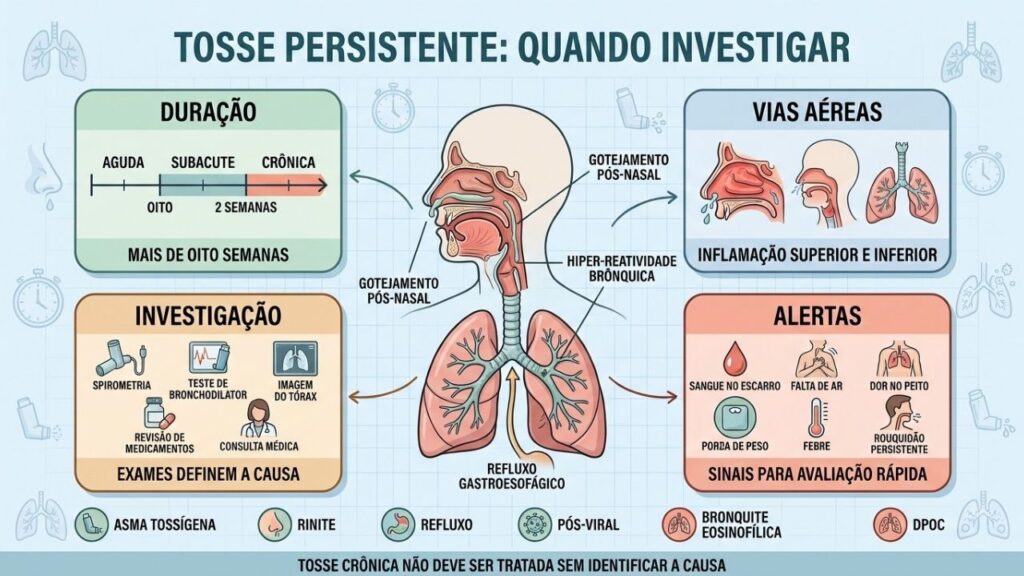 Duração, causas, exames e sinais de alerta orientam a investigação da tosse.