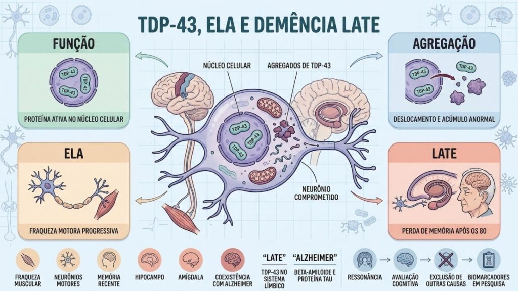 Função nuclear, agregação, ELA e LATE resumem os efeitos da TDP-43.