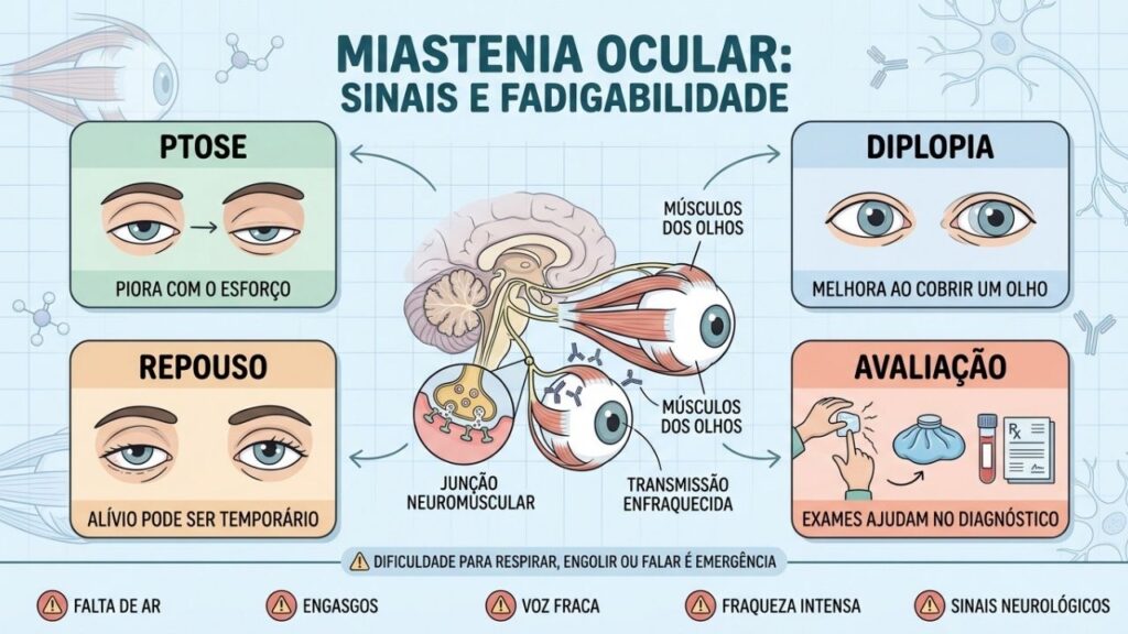 Ptose, diplopia, melhora com repouso e sinais de urgência orientam a investigação.