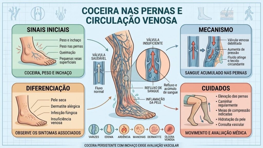 Sinais, mecanismo, diferenças e cuidados explicam a coceira de origem venosa.