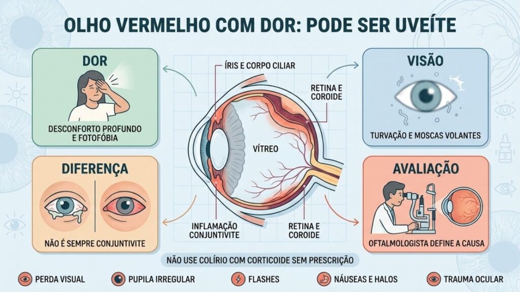Dor, fotofobia, alterações visuais e exame ocular ajudam a reconhecer uveíte.