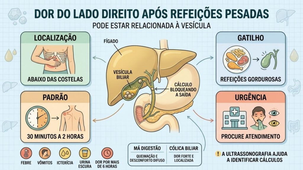 Localização, gatilhos e sinais de alerta ajudam a reconhecer a cólica biliar.