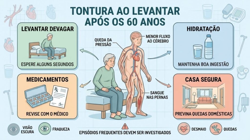 Levantar devagar, hidratar-se e revisar remédios ajudam a prevenir quedas.