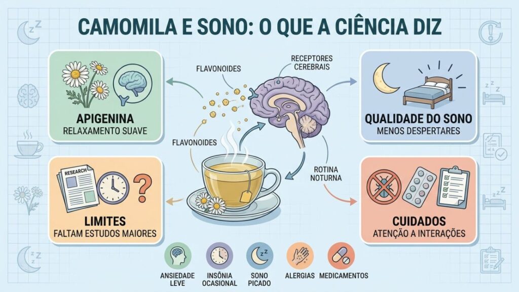 Infográfico resume apigenina, benefícios, limites científicos e cuidados da camomila.