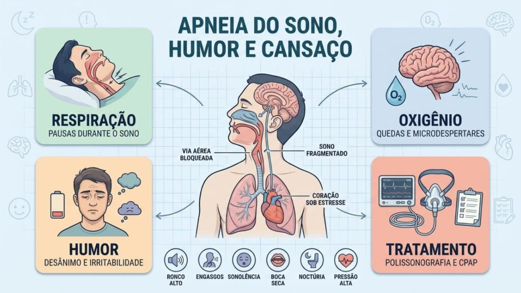 Infográfico explica apneia, quedas de oxigênio, humor e tratamento.