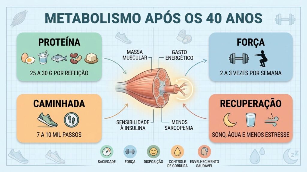 Infográfico mostra proteína, força, caminhada e recuperação para o metabolismo.