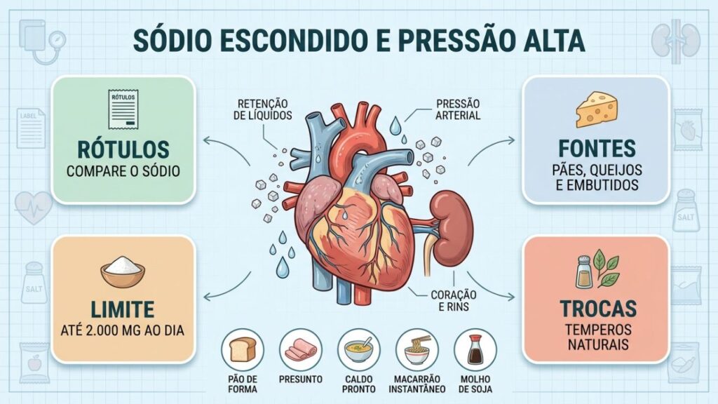 Fontes ocultas, limites e trocas ajudam a reduzir o sódio diário.