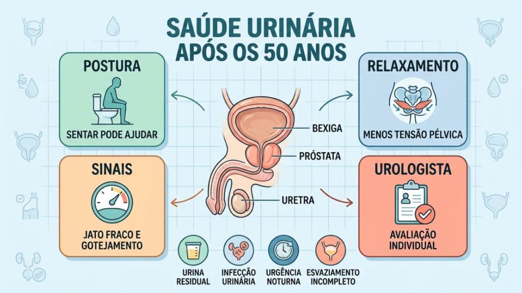 Postura, relaxamento pélvico, sinais urinários e avaliação médica orientam o cuidado.