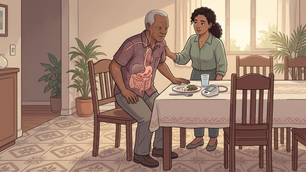 A queda da pressão após comer aumenta o risco de desmaios e quedas.