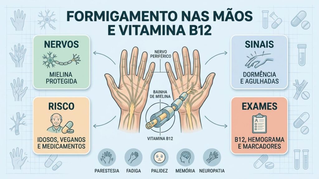 Mielina, sintomas, riscos e exames ajudam a investigar a B12 baixa.