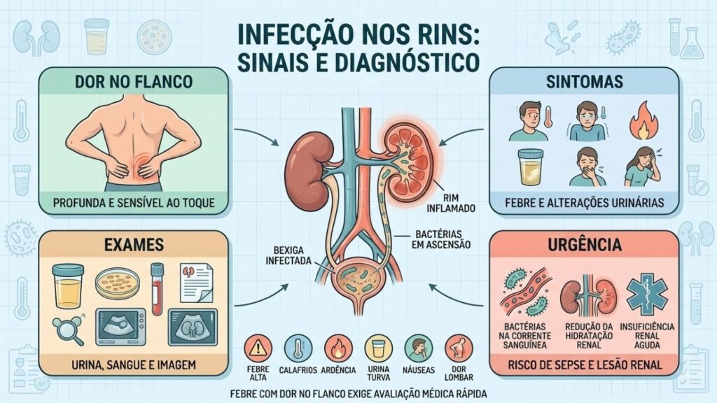 Dor, febre, alterações urinárias e exames orientam o diagnóstico da pielonefrite.