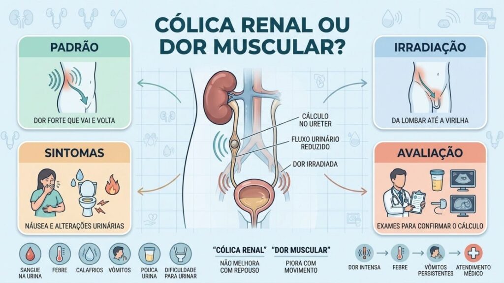 Padrão, irradiação, sintomas urinários e exames orientam a suspeita de cálculo.