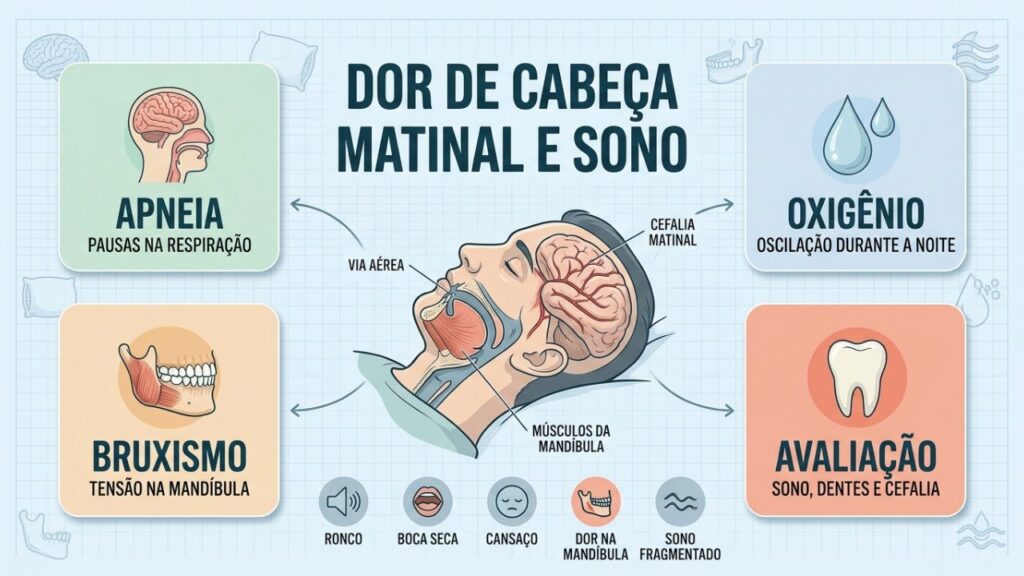 Apneia, oxigênio, bruxismo e avaliação explicam dores ao despertar.
