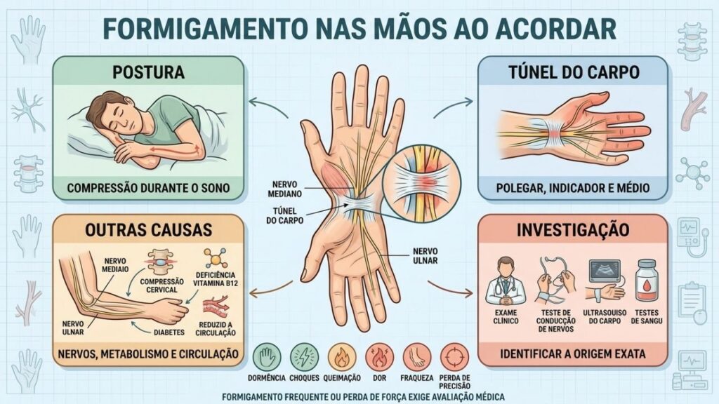 Postura, nervos, doenças metabólicas e exames explicam o formigamento matinal.