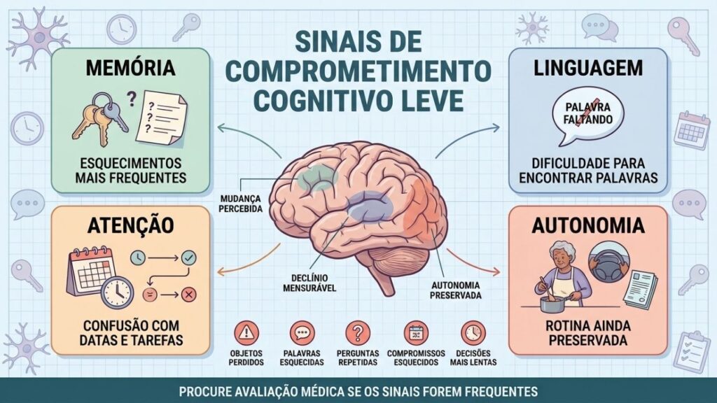 Memória, linguagem, atenção e autonomia orientam a avaliação do declínio cognitivo.