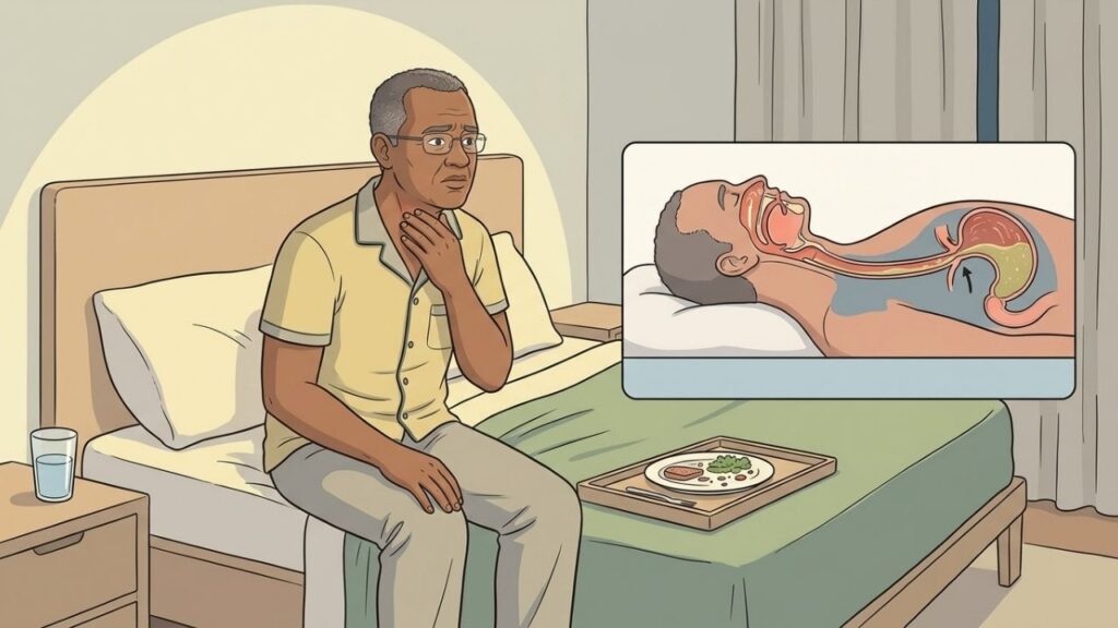Ao deitar, o ácido pode alcançar a garganta e irritar as vias aéreas.