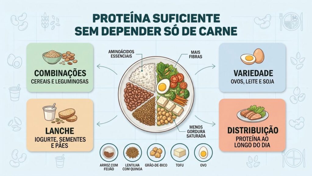 Cereais, leguminosas, ovos e sementes completam a proteína diária.